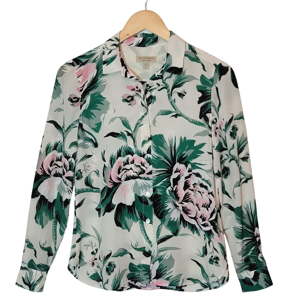 Burberry Aster Peony Floral 100% Silk Button Front Shirt Cream Green 4 Like New